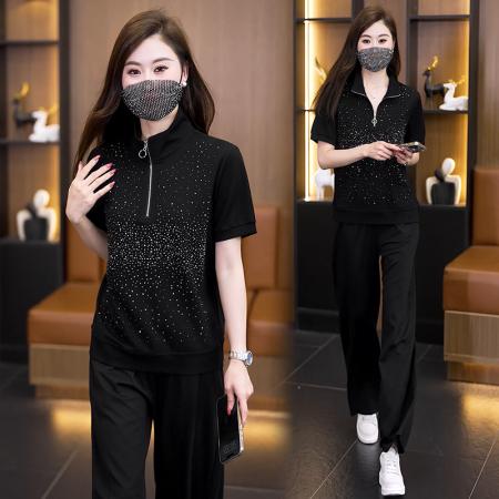 休闲时尚套装夏季新款减龄显瘦立领烫钻短袖阔腿裤两件套 服裝批發女裝批發服飾貨源