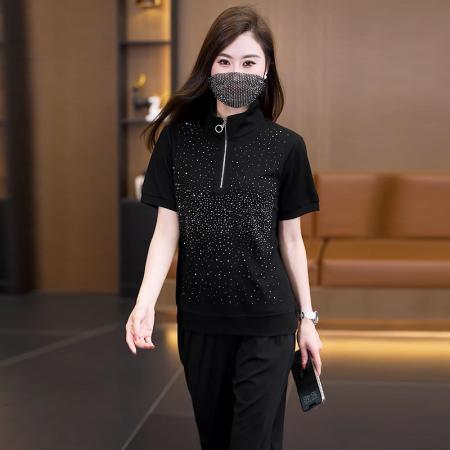 休闲时尚套装夏季新款减龄显瘦立领烫钻短袖阔腿裤两件套 服裝批發女裝批發服飾貨源