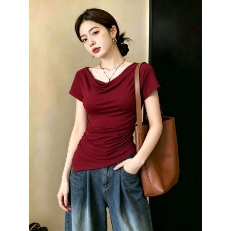 BY23084# 大码女装新款修身显瘦收腰不规则露肩减龄上衣 服裝批發女裝批發服飾貨源