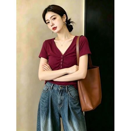 BY23085# 大码女装时尚修身显瘦V领夏季上衣 服裝批發女裝批發服飾貨源