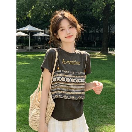 BY23091# 波西米亚度假印花假两件短袖亚麻感T恤夏季新款宽松百搭上衣 服裝批發女裝批發服飾貨源