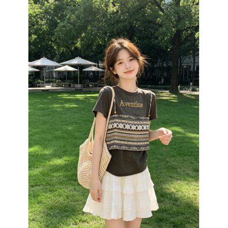 BY23091# 波西米亚度假印花假两件短袖亚麻感T恤夏季新款宽松百搭上衣 服裝批發女裝批發服飾貨源