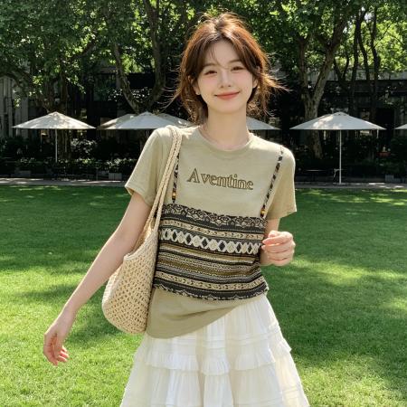 BY23091# 波西米亚度假印花假两件短袖亚麻感T恤夏季新款宽松百搭上衣 服裝批發女裝批發服飾貨源
