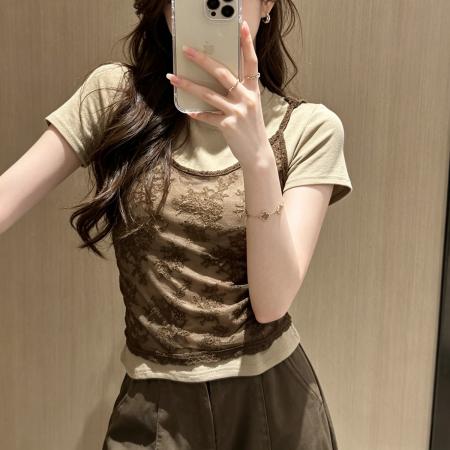 BY23093# 韩系蕾丝吊带假两件短袖T恤夏季新款辣妹修身减龄上衣小衫女 服裝批發女裝批發服飾貨源