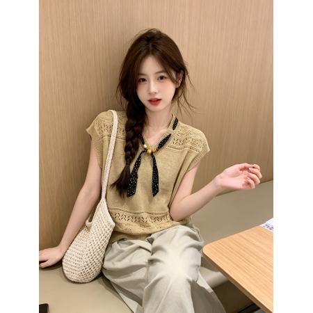 波西米亚V领丝巾领口镂空针织短袖女夏薄款宽松显瘦慵懒无袖上衣 服裝批發女裝批發服飾貨源