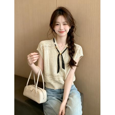 波西米亚V领丝巾领口镂空针织短袖女夏薄款宽松显瘦慵懒无袖上衣 服裝批發女裝批發服飾貨源