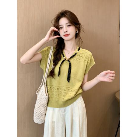 波西米亚V领丝巾领口镂空针织短袖女夏薄款宽松显瘦慵懒无袖上衣 服裝批發女裝批發服飾貨源