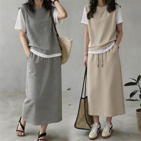 韩系春夏新款高级感设计感短袖假两件上衣半身裙时尚两件套 服裝批發女裝批發服飾貨源