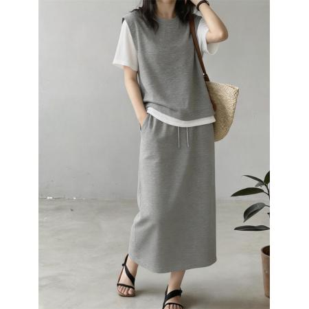 韩系春夏新款高级感设计感短袖假两件上衣半身裙时尚两件套 服裝批發女裝批發服飾貨源