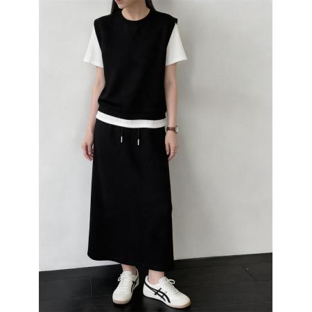 韩系春夏新款高级感设计感短袖假两件上衣半身裙时尚两件套 服裝批發女裝批發服飾貨源