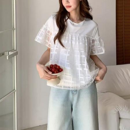 BY23100# 拼接网纱假两件短袖T恤女夏季夏季新款巨好看显瘦设计感上衣 服裝批發女裝批發服飾貨源