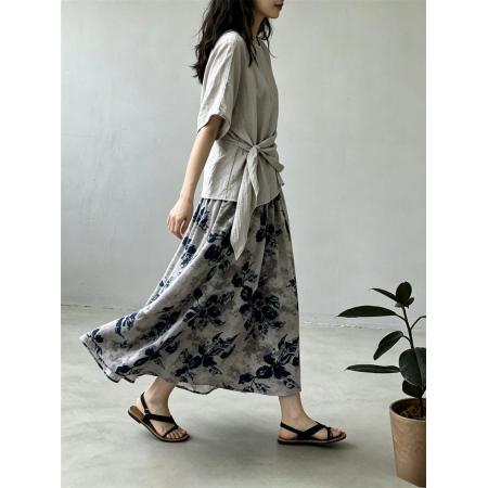 韩版高腰A字印花半身裙女夏季通勤显瘦休闲松紧腰中长裙 服裝批發女裝批發服飾貨源