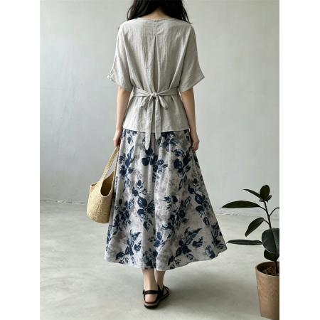 韩版高腰A字印花半身裙女夏季通勤显瘦休闲松紧腰中长裙 服裝批發女裝批發服飾貨源