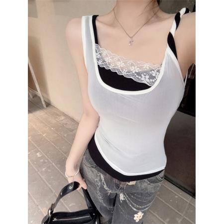 BY23103# 性感蕾丝网纱拼接假两件吊带背心女夏季带胸垫修身内搭设计感上衣 服裝批發女裝批發服飾貨源