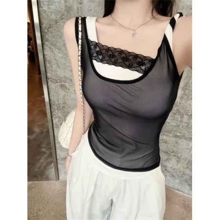 BY23103# 性感蕾丝网纱拼接假两件吊带背心女夏季带胸垫修身内搭设计感上衣 服裝批發女裝批發服飾貨源