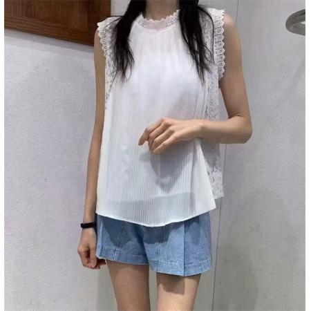 BY23104# 夏季新款蕾丝拼接百搭雪纺衫时尚宽松显瘦无袖背心上衣 服裝批發女裝批發服飾貨源