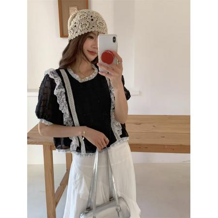 BY23107# 夏季蕾丝拼接圆领短袖衬衫雪纺衫韩版小众设计感轻熟时尚百搭 服裝批發女裝批發服飾貨源