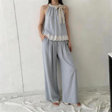 甜美通勤风蕾丝背心阔腿裤两件套女夏季显瘦高腰套装极简气质穿搭 服裝批發女裝批發服飾貨源