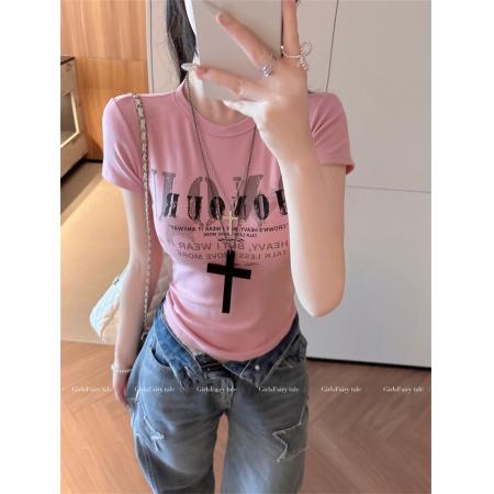 BY23110# 美式辣妹字母印花短袖T恤女夏季新款时尚百搭正肩带胸垫修身上衣 服裝批發女裝批發服飾貨源