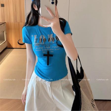 BY23110# 美式辣妹字母印花短袖T恤女夏季新款时尚百搭正肩带胸垫修身上衣 服裝批發女裝批發服飾貨源