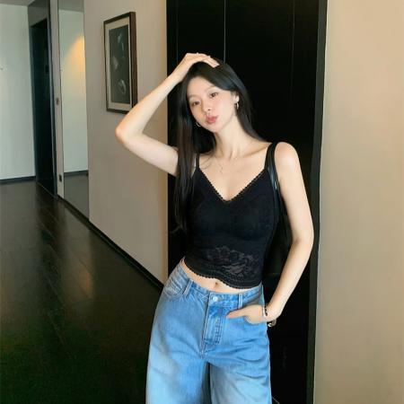 BY23111# 非不减法式轻奢蕾丝吊带背心美背带胸垫V领内衣纯欲百搭内搭 服裝批發女裝批發服飾貨源