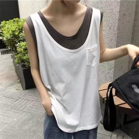 BY23112# 夏季时尚新款假两件宽带休闲宽松显瘦坎肩百搭T恤无袖上衣女 服裝批發女裝批發服飾貨源