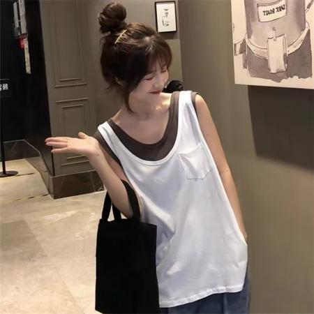 BY23112# 夏季时尚新款假两件宽带休闲宽松显瘦坎肩百搭T恤无袖上衣女 服裝批發女裝批發服飾貨源