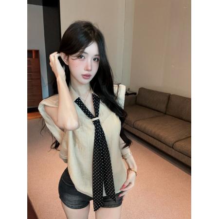 BY23129# 波点丝巾无袖衬衫通勤气质上衣 服裝批發女裝批發服飾貨源