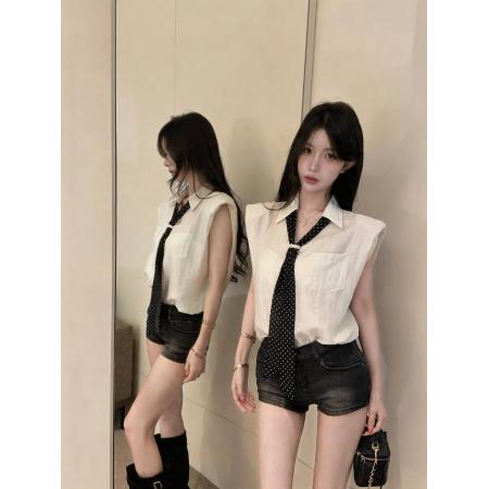 BY23129# 波点丝巾无袖衬衫通勤气质上衣 服裝批發女裝批發服飾貨源