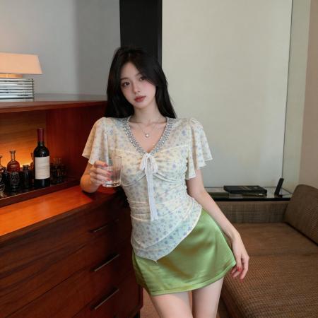 BY23135# 法式温柔风气质重工镶钻短袖上衣 服裝批發女裝批發服飾貨源
