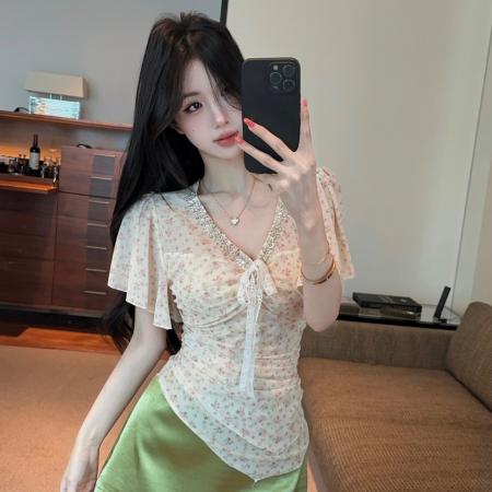 BY23135# 法式温柔风气质重工镶钻短袖上衣 服裝批發女裝批發服飾貨源