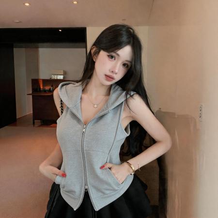 BY23136# 美式甜酷辣妹风连帽露肩无袖上衣 服裝批發女裝批發服飾貨源