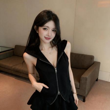 BY23136# 美式甜酷辣妹风连帽露肩无袖上衣 服裝批發女裝批發服飾貨源