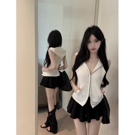 BY23136# 美式甜酷辣妹风连帽露肩无袖上衣 服裝批發女裝批發服飾貨源