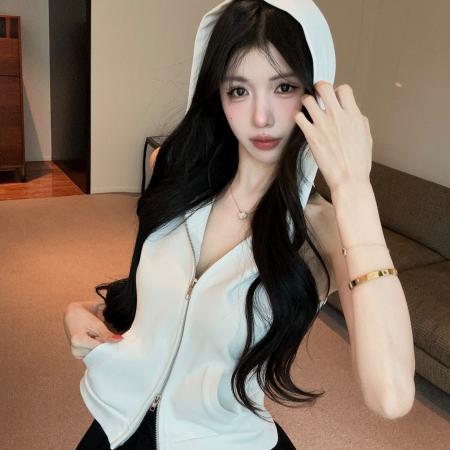 BY23136# 美式甜酷辣妹风连帽露肩无袖上衣 服裝批發女裝批發服飾貨源