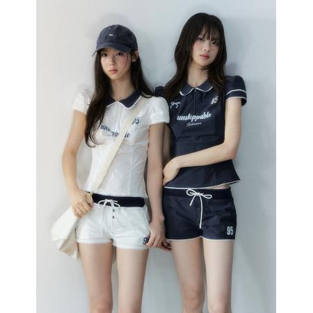 韩系运动风印花收腰泡泡袖衬衫两件套装短裤女 服裝批發女裝批發服飾貨源