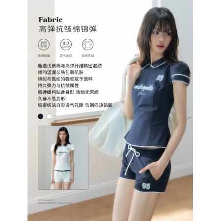 韩系运动风印花收腰泡泡袖衬衫两件套装短裤女 服裝批發女裝批發服飾貨源