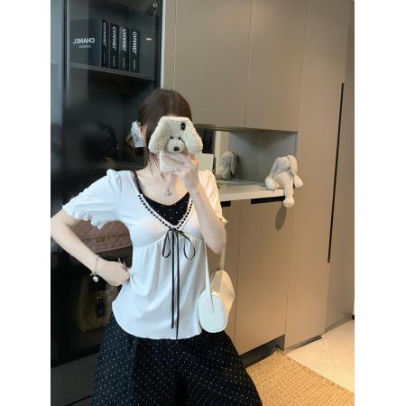 夏装新款胖mm大码女纯欲辣妹风v领假两件短袖小衫上衣 服裝批發女裝批發服飾貨源