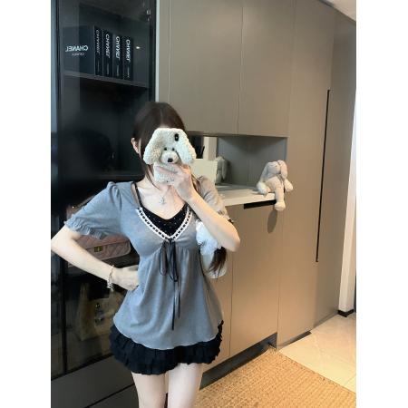 夏装新款胖mm大码女纯欲辣妹风v领假两件短袖小衫上衣 服裝批發女裝批發服飾貨源