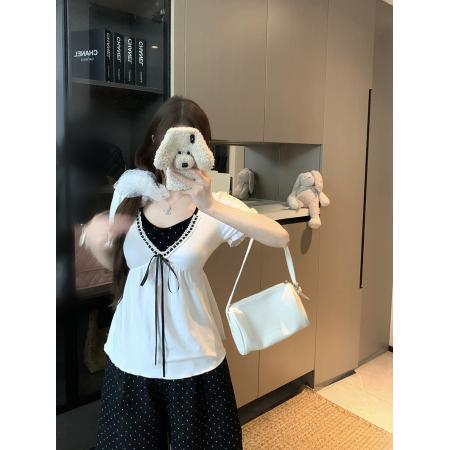 夏装新款胖mm大码女纯欲辣妹风v领假两件短袖小衫上衣 服裝批發女裝批發服飾貨源
