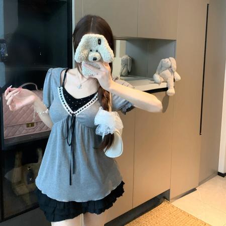 夏装新款胖mm大码女纯欲辣妹风v领假两件短袖小衫上衣 服裝批發女裝批發服飾貨源
