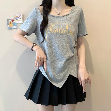 夏装新款胖mm大码女时尚纯欲露肩印花字母不规则短袖T恤 服裝批發女裝批發服飾貨源