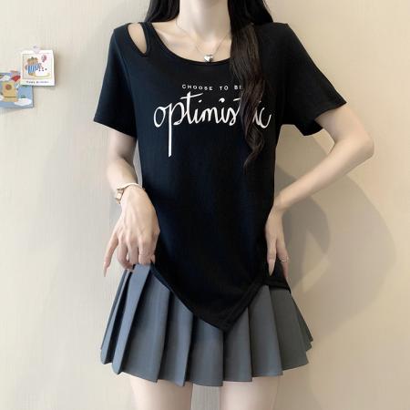 夏装新款胖mm大码女时尚纯欲露肩印花字母不规则短袖T恤 服裝批發女裝批發服飾貨源