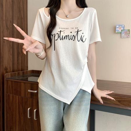 夏装新款胖mm大码女时尚纯欲露肩印花字母不规则短袖T恤 服裝批發女裝批發服飾貨源