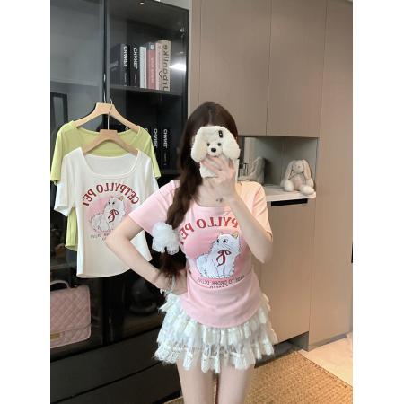 BY23143# 夏装新款胖mm大码女韩系纯欲u领卡通印花甜辣短袖T恤 服裝批發女裝批發服飾貨源