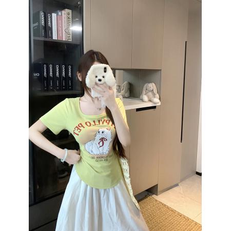 BY23143# 夏装新款胖mm大码女韩系纯欲u领卡通印花甜辣短袖T恤 服裝批發女裝批發服飾貨源