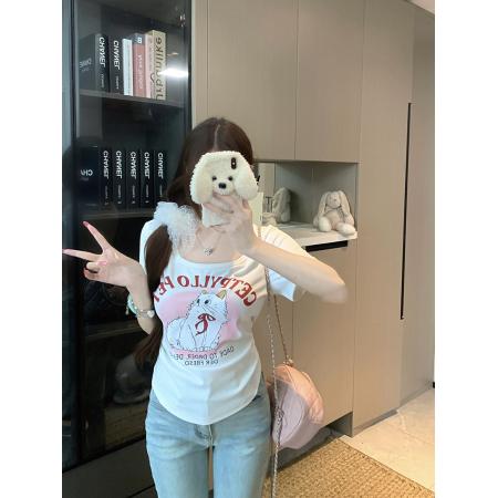 BY23143# 夏装新款胖mm大码女韩系纯欲u领卡通印花甜辣短袖T恤 服裝批發女裝批發服飾貨源
