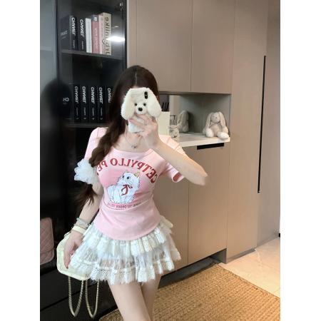 BY23143# 夏装新款胖mm大码女韩系纯欲u领卡通印花甜辣短袖T恤 服裝批發女裝批發服飾貨源