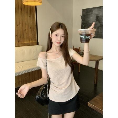 夏装新款胖mm大码女韩系设计感纯欲露肩修身短袖上衣 服裝批發女裝批發服飾貨源