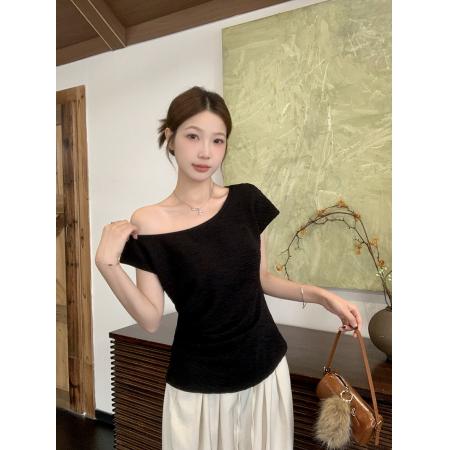 夏装新款胖mm大码女韩系设计感纯欲露肩修身短袖上衣 服裝批發女裝批發服飾貨源